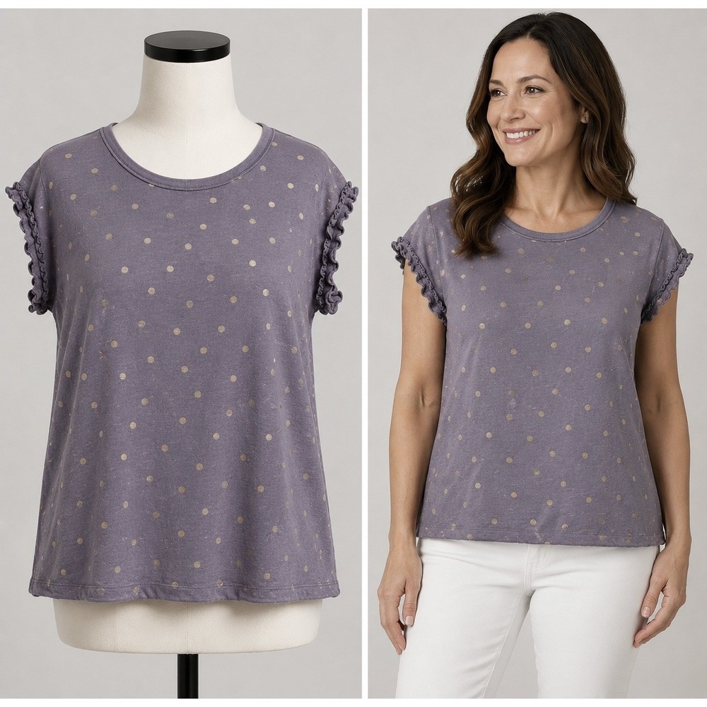 Boden Ruffle Sleeve Top Women 16/18 Purple Gold Polka Dot Cotton Slub Tee J0863